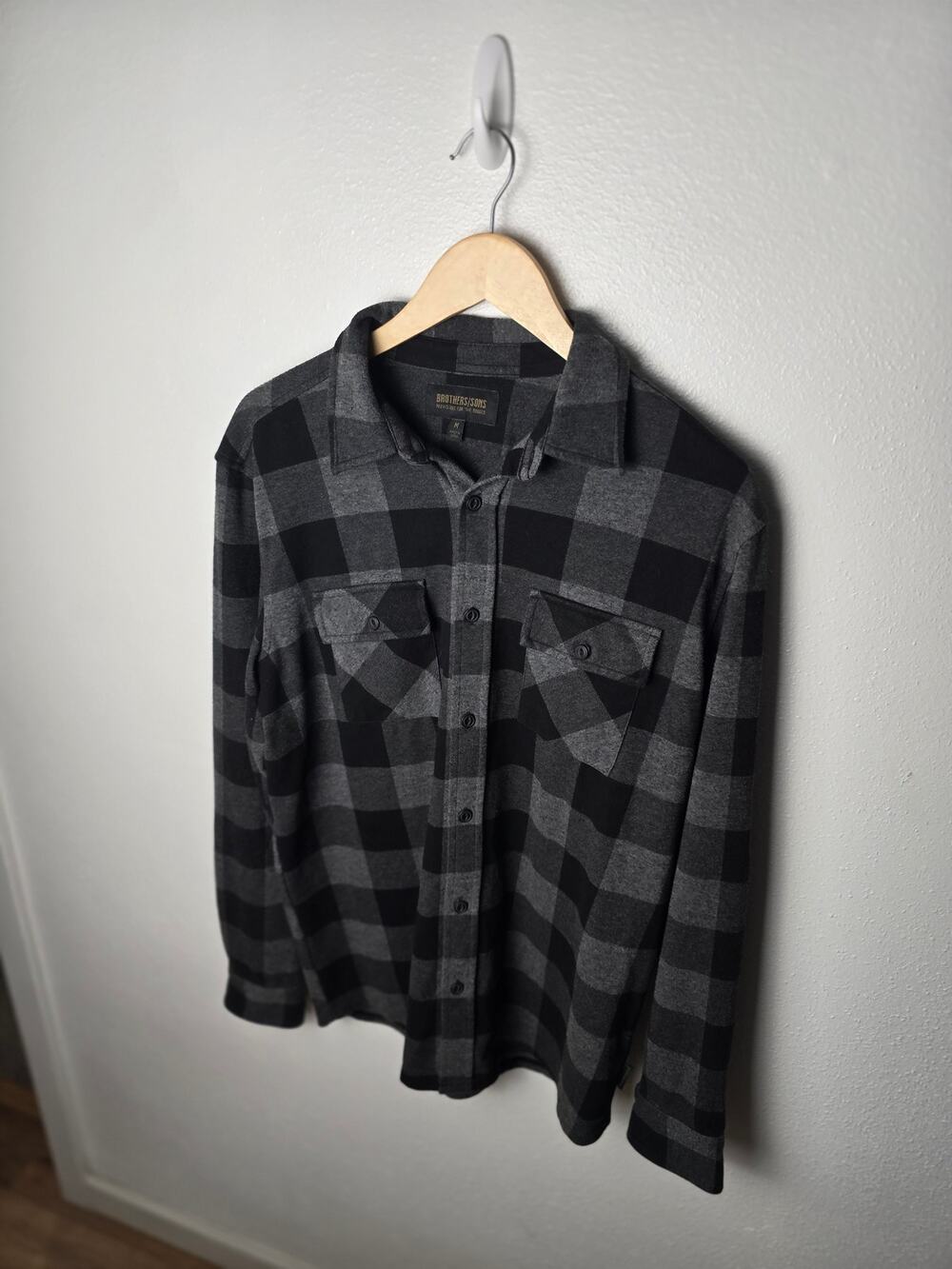 Brothers & Sons Flannel Shirt Mens M Black Gray Buffalo Plaid Rugged Western